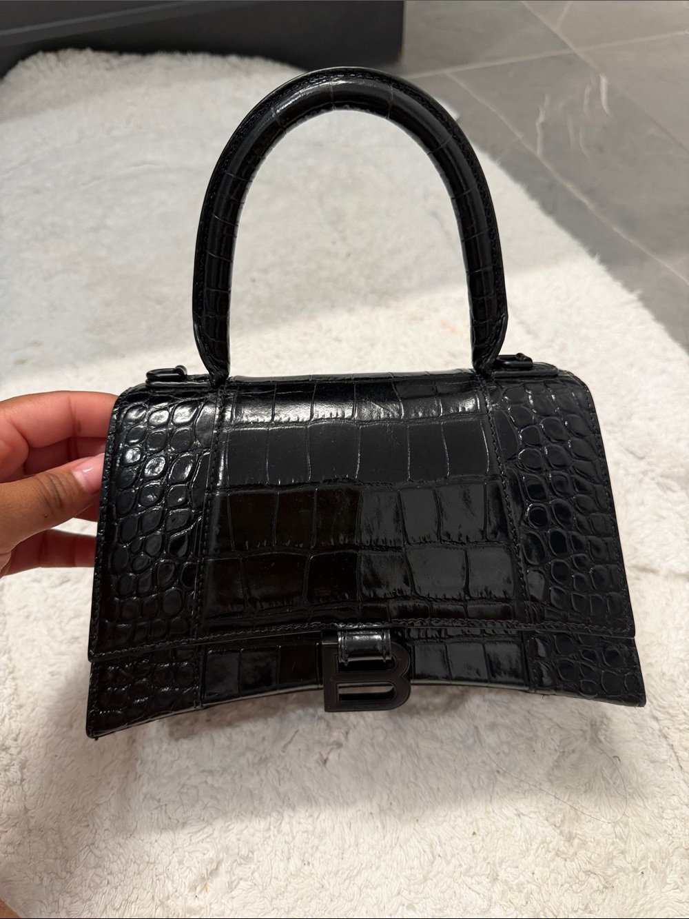 Balenciaga Mini Top Handle Bag in Black Croc-Embossed Leather